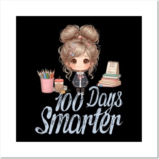 100 Days Smarter Girls Messy Bun Hair 100th Day Of School Posters and Art